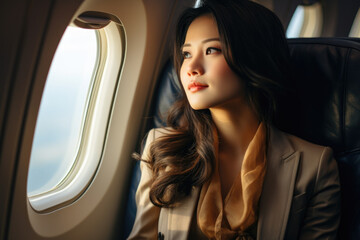 Woman sitting in airplane and looking out window. Suitable for travel and transportation themes