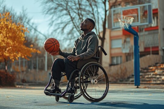 Wheelchair-using man on an outdoor basketball court playing hoops. Generative Ai.