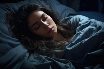 Fototapeta premium Woman laying in bed with her eyes closed. This image can be used to represent relaxation, sleep, or tranquility