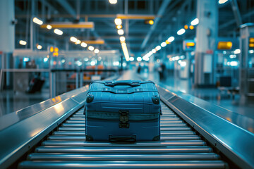 Suitcases are moving along an automated conveyor belt for inspection at airport. AI Generation - obrazy, fototapety, plakaty