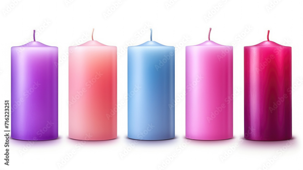 Poster three different colored candles arranged in row on white background. perfect for adding warmth and a