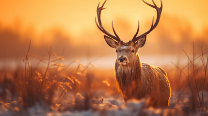 Beautiful deer standing gracefully in field at sunset. Perfect for nature and wildlife enthusiasts