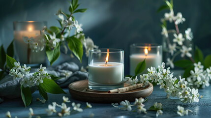 Obraz na płótnie Canvas Simple yet elegant arrangement of candle and white flowers on table. Perfect for adding touch of serenity and beauty to any setting