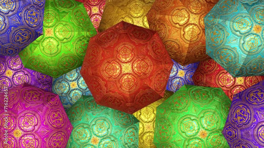 Poster realistic looping 3d animation of the spinning colorful umbrellas or parasols with chinese golden or