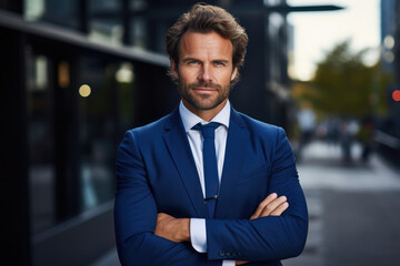 Fototapeta premium Professional man dressed in suit and tie standing on bustling city street. Suitable for business, urban, and professional concepts