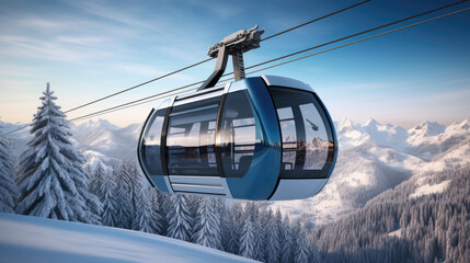 Picturesque gondola ride offering breathtaking view of snowy mountain range. Perfect for travel and adventure themes