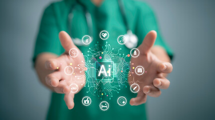 Concept of healthcare and medical AI technology services,Medical worker touch virtual medical revolution and advance of technology Artificial Intelligence and technology for future healthcare.