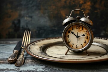 Plate with a clock on it with a fork and knife on either side. Generative Ai.