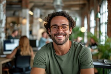 Man in a green t-shirt and spectacles who is cheerful. Generative Ai.