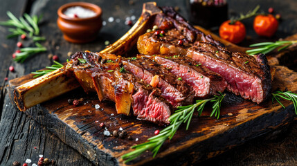 Mouthwatering steak placed on wooden cutting board, garnished with fresh rosemary sprigs. Perfect for food enthusiasts and chefs looking for appetizing visuals