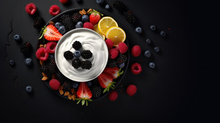 Bowl filled with creamy yogurt topped with colorful assortment of fresh berries and slices of tangy lemons. Perfect for healthy and refreshing snack.