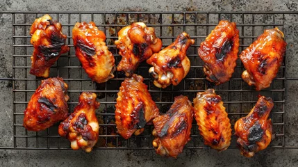 Fotobehang Delicious bunch of chicken wings sitting on grill. Perfect for barbecues and outdoor gatherings © vefimov