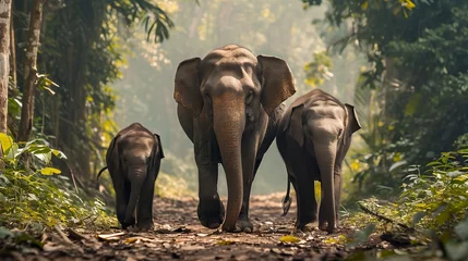 Poster elephant family walking together in the forest, Misty Weather © CREATIVE STOCK