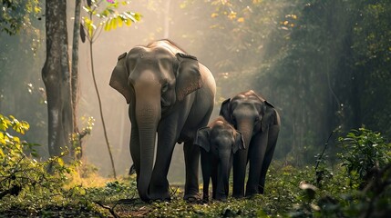 elephant family walking together in the forest, Misty Weather