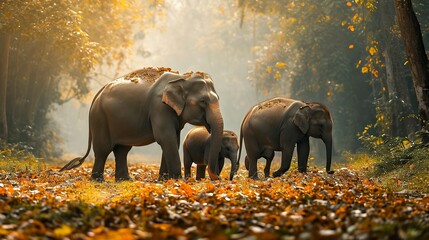 elephant family walking together in the forest, Misty Weather