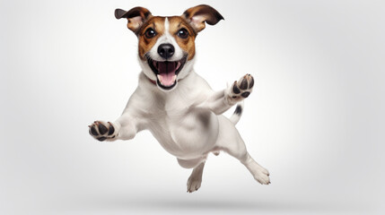 Dog captured in mid-air with its paws outstretched. Perfect for illustrating energy and excitement. Ideal for use in advertisements, websites, or social media posts