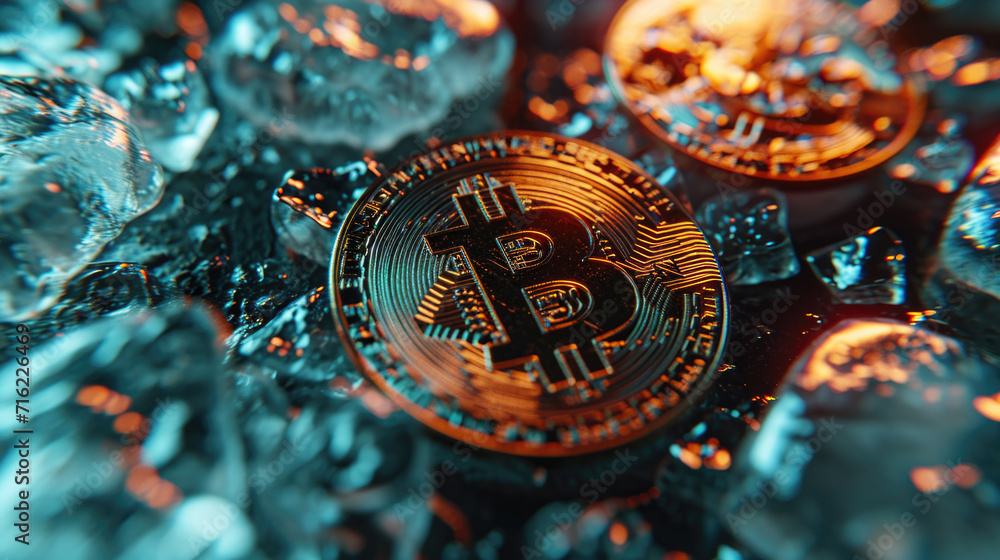 Poster detailed view of bitcoin surrounded by sparkling crystals. this image can be used to represent conce