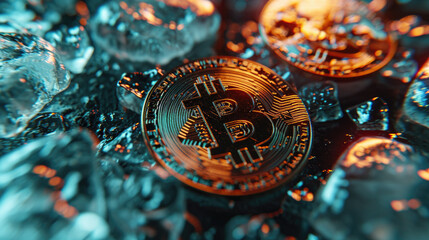 Detailed view of Bitcoin surrounded by sparkling crystals. This image can be used to represent concept of cryptocurrency, digital finance, or blockchain technology