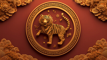 Paper graphic craft art of golden tiger symbol in circle frame border with oriental festive element decoration. (stamp) - good fortune, generative ai