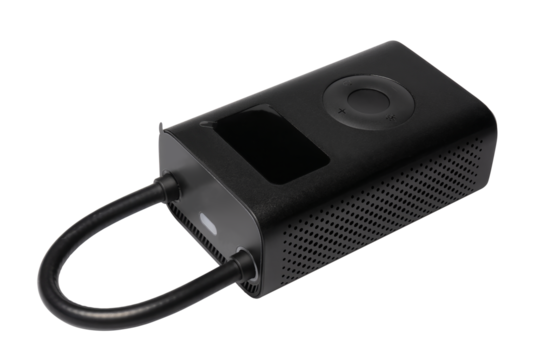 Mini black wireless portable car tire inflator air compressor pump and many types of nozzles isolated on white, Clipping path