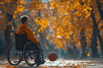 Wheelchair-using man on an outdoor basketball court playing hoops. Generative Ai.