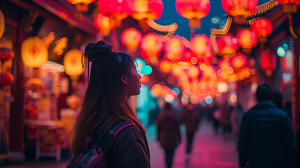 Chinese New Year festival. Woman portrait in the city. Neon lighting night day