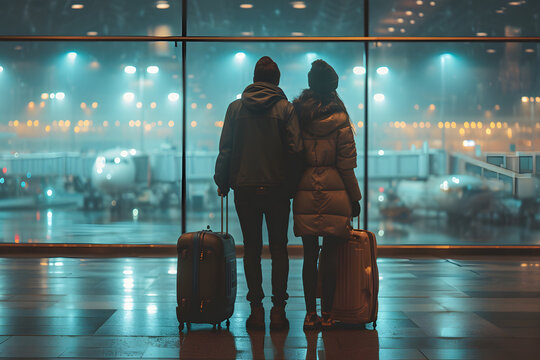 A Traveling Couple With Luggage Standing Together In The Airport And Waiting For Departure.