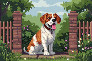 Retro Pixel Art Dog in Front of Brick Gate