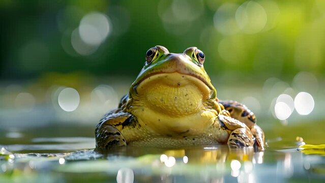 Closeup of a chubby bullfrog basking in the sun on the edge of a city pond its throat pouch expanding and croaking loudly as it erts dominance over the surrounding frogs