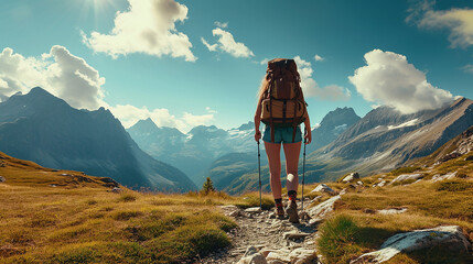 Woman hiking or trekking with backpack. Sunny day in mountains - obrazy, fototapety, plakaty