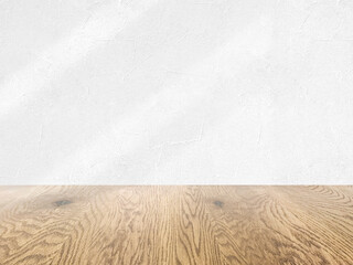 白い壁とナチュラルで茶色い木目の床の背景画像素材、淡い影が入った壁とフローリングのバックグラウンド、ファッション、雑貨、化粧品、健康食品、フードの背景３D