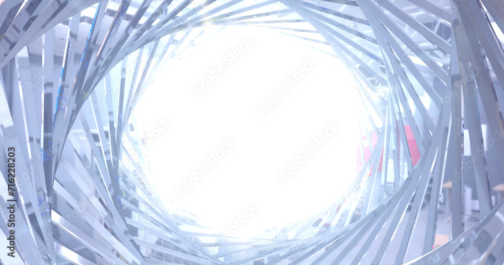 Poster abstract metallic shiny silver chrome polyhedral tunnel frame made of lines of hexagonal edges, mech