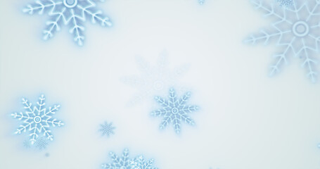 Christmas festive bright New Year background of blue glowing winter beautiful falling flying snowflakes patterns on white background