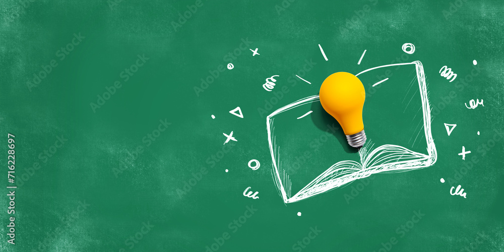 Poster an open book with a lightbulb - flat lay