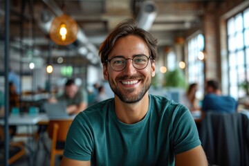 Man in a green t-shirt and spectacles who is cheerful. Generative Ai. - obrazy, fototapety, plakaty