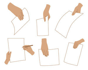 A hand holds a sheet of paper from different angles. Political democratic elections, referendum. Social survey or voting. Vector illustration isolated on transparent background.