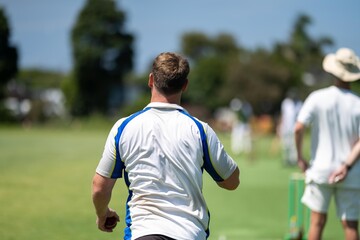amateur game of local cricket match, cricket bat and bowl in summer