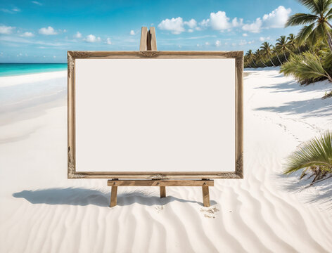 A blank canvas board standing on the white sand beach