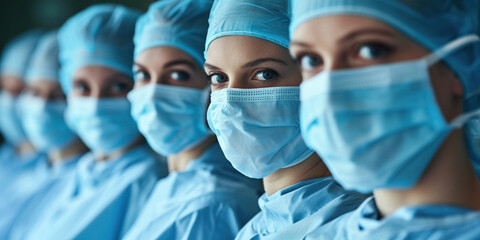 Team of doctors and nurses standing in row in blue surgical cap an protection mask. Healthcare workers at work in hospital. Medical staff.