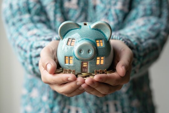 A piggy bank with a little cottage. Generative Ai.