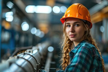 A female industrial worker is donning a safety helmet. Generative Ai.