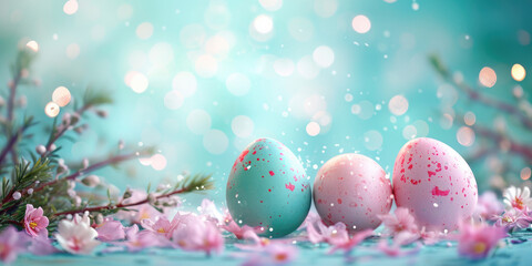 Whimsical Easter joyful background, lights in the spring background , pink , turquoise , colorful eggs