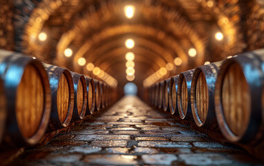 A moody corridor lined with wine barrels, brick ceiling, and glowing lights overhead, AI generated