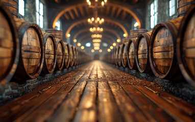 A moody corridor lined with wine barrels, brick ceiling, and glowing lights overhead, AI generated