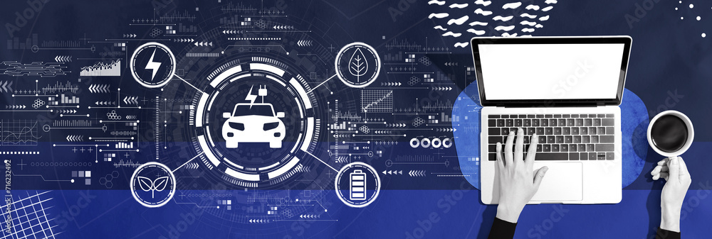 Poster ev concept with person using a laptop computer