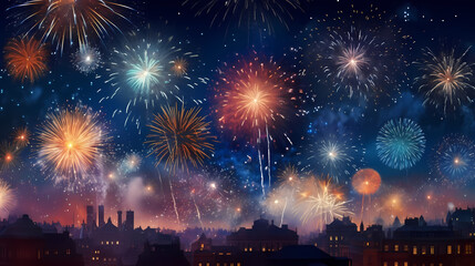 Happy New Year, burning fireworks with bokeh light background