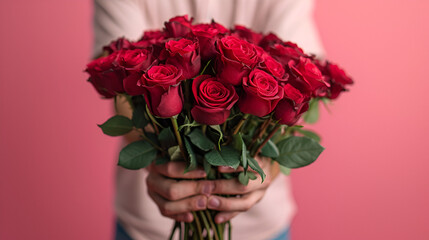 Photo of cropped man arms hold big one hundred red bright roses bunch giving girlfriend surprise hiding face secret admirer arrangement delivery concept isolated over pink background, generative ai - obrazy, fototapety, plakaty