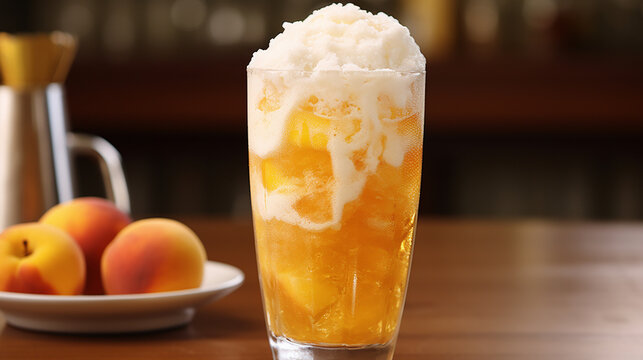 peach ginger ale float peach slices and vanilla ice cream