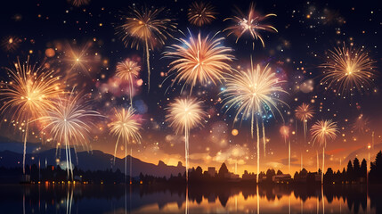 Happy New Year, burning fireworks with bokeh light background