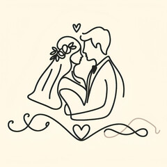 One continuous line drawing of  bride and groom in love, valentine's day. simple linear style. Editable stroke. Doodle vector illustration 
